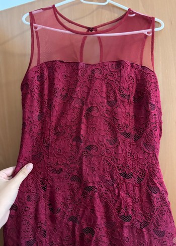 Bordo Dantel Fitted Midi Elbise