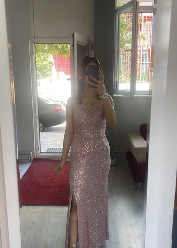 Abiye Pembe Parlak V Yaka Uzun Abiye Elbise