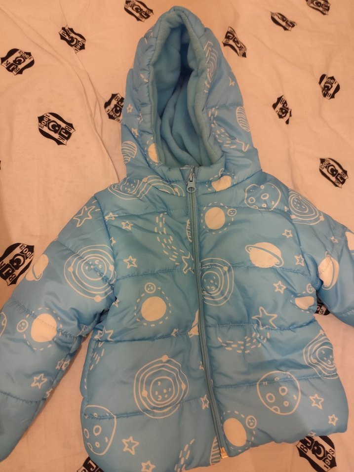 Kapüşonlu Mavi Baskılı Erkek Çocuk Mont - Görsel 2