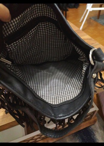 Püsküllü Siyah Deri Bohem Çanta - Görsel 2