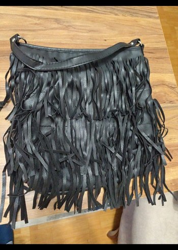 Püsküllü Siyah Deri Bohem Çanta - Görsel 3