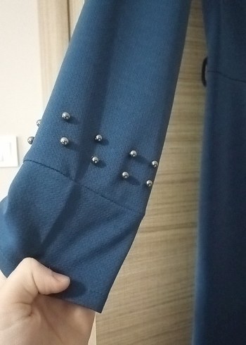Abiye Düğmeli Uzun Mavi Nakışlı Kadın Elbise