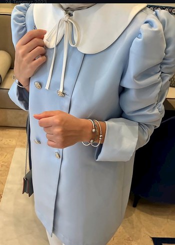 Mavi Desenli Düğmeli Kadın Ceket - Görsel 2