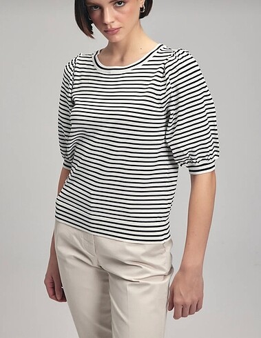 adL çizgili fakir kol triko bluz - Görsel 3