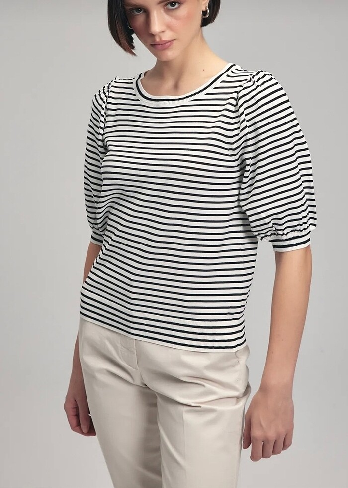 adL çizgili fakir kol triko bluz - Görsel 3