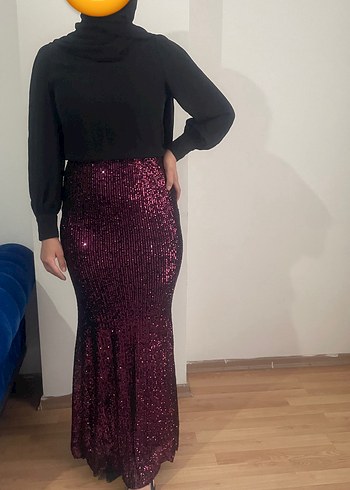 Bordo Simli Uzun Balık Abiye Elbise