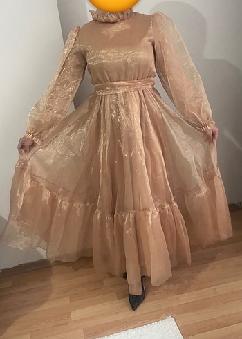 Bej Vintage Uzun Elbise Fırfır Detaylı