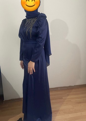 38 Beden Navy Drapeli Uzun Abiye Elbise
