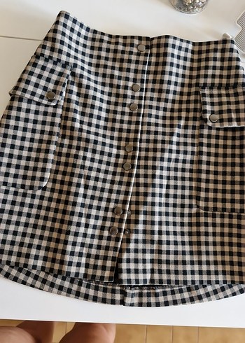 Düğmeli Kareli Mini Etek
