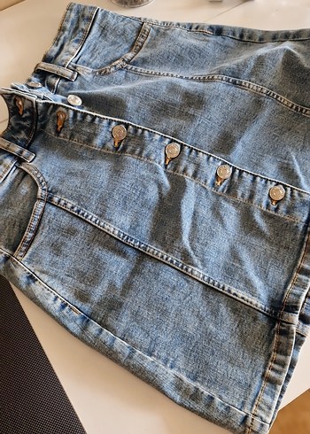 Düğmeli Mavi Denim Midi Etek