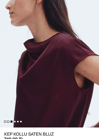 Bordo Yüksek Yakalı Drapeli Saten Bluz - Görsel 3