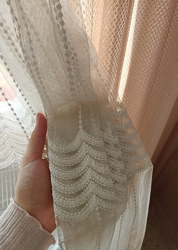 Taç Nakışlı Bej Bohem Tül Perde