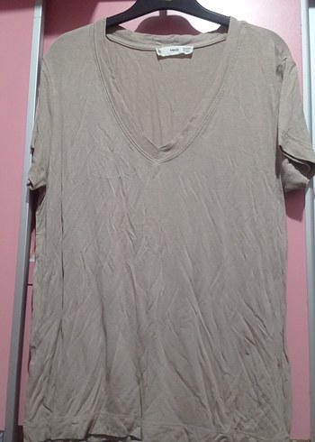 Mango MNG Bej V Yakalı Keten Tişört