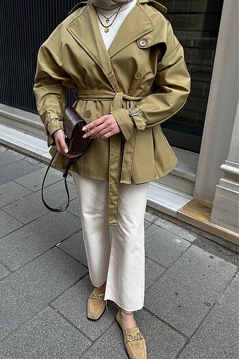 Oversize kuşaklı yeşil trençkot