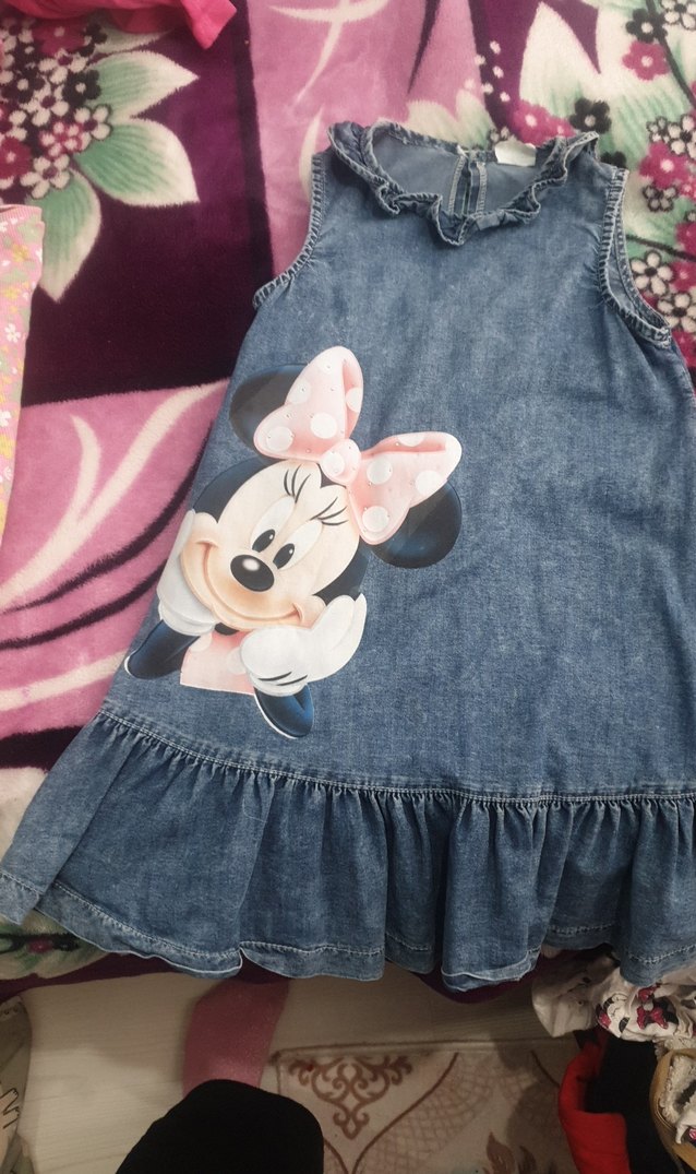 Kız Çocuk Renkli Baskılı Kot Elbise - Görsel 2