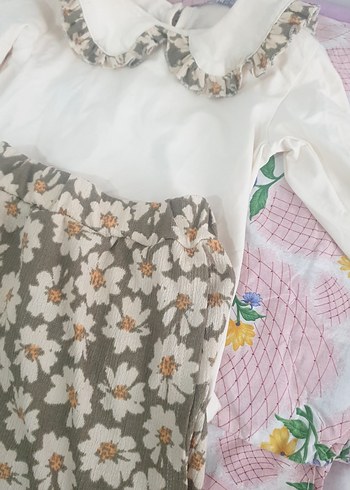 Çiçek Desenli Fırfırlı Beyaz kız çocuk Takımı - Görsel 2