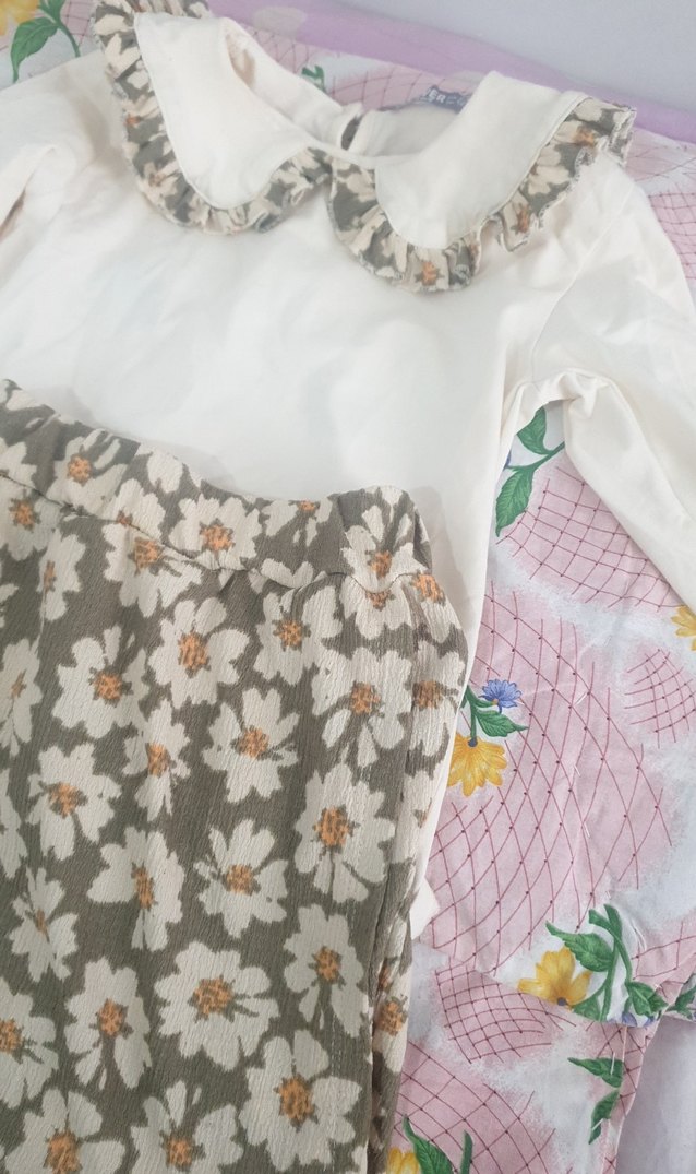 Çiçek Desenli Fırfırlı Beyaz kız çocuk Takımı - Görsel 2