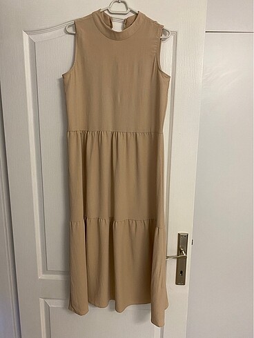 Krem midi elbise