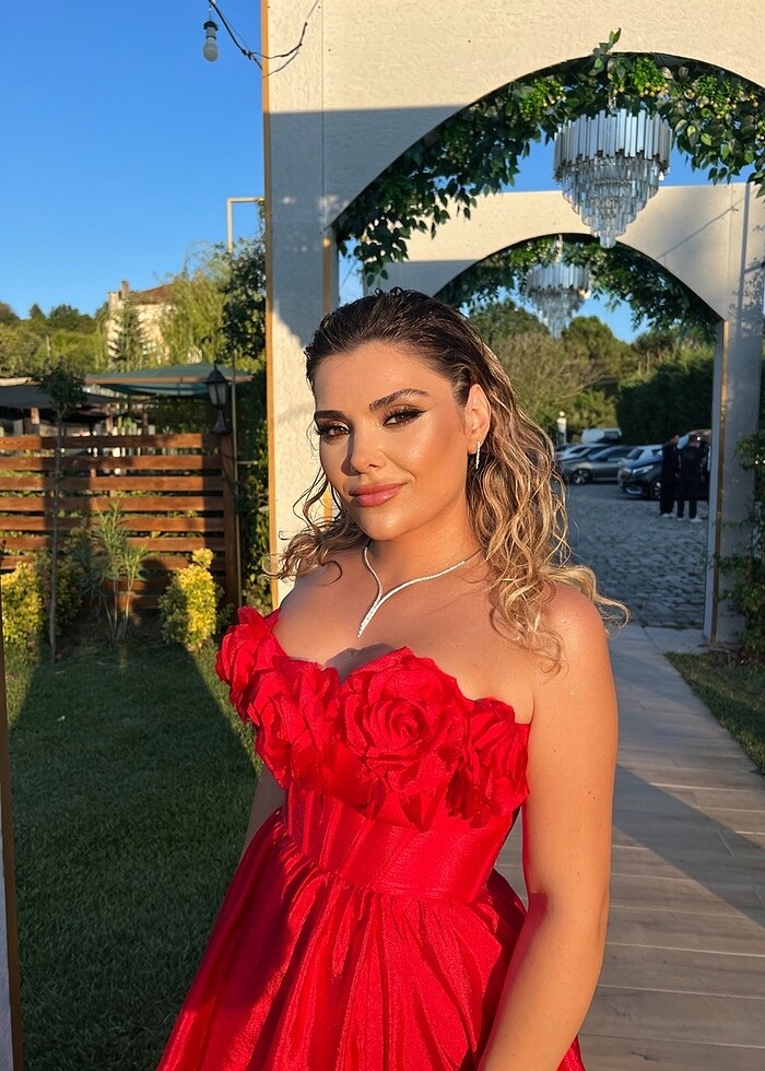 FOR COSTUME Kırmızı gül detaylı korse abiye elbise - Görsel 2