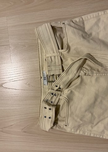 l Beden Düğmeli Bej Kadın Jean Mini Etek