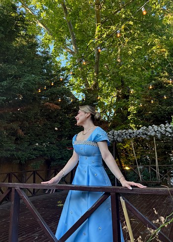 Bebek Mavisi Drapeli Uzun Kadın Abiye Elbise - Görsel 3