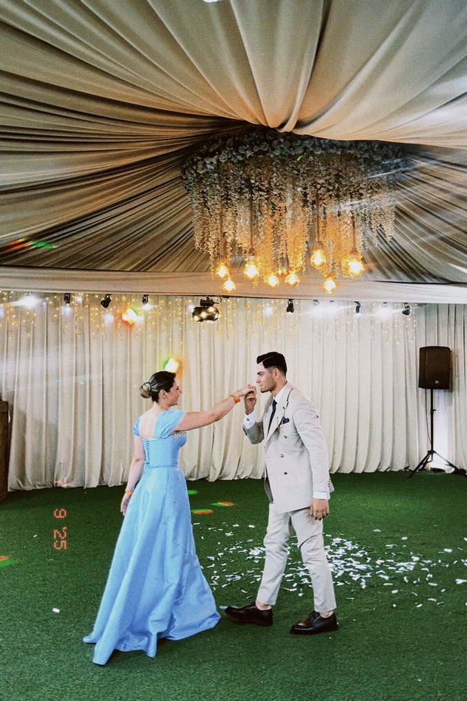 Bebek Mavisi Drapeli Uzun Kadın Abiye Elbise - Görsel 5