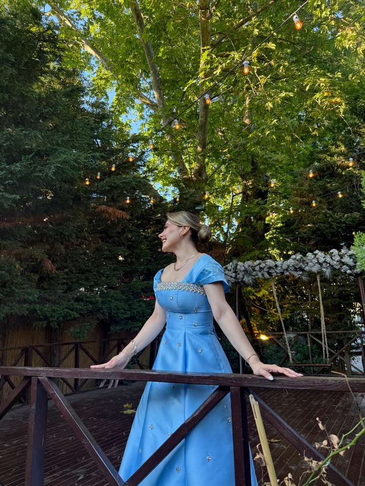 Bebek Mavisi Drapeli Uzun Kadın Abiye Elbise - Görsel 3