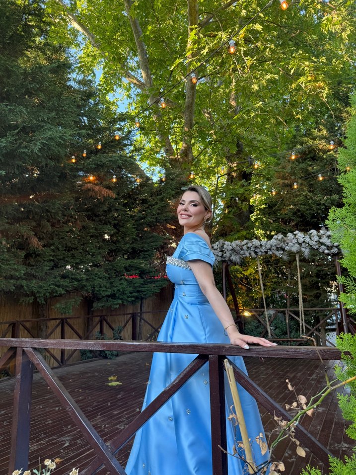 Bebek Mavisi Drapeli Uzun Kadın Abiye Elbise - Görsel 2