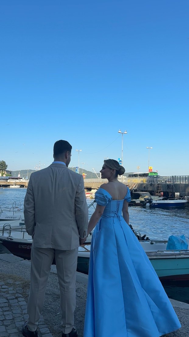 Bebek Mavisi Drapeli Uzun Kadın Abiye Elbise - Görsel 4