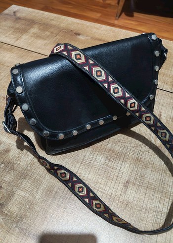 Etnik Desenli Siyah Deri Bohem Çanta - Görsel 2