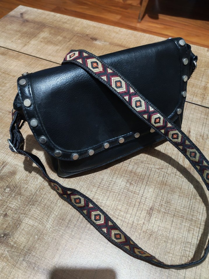 Etnik Desenli Siyah Deri Bohem Çanta - Görsel 2