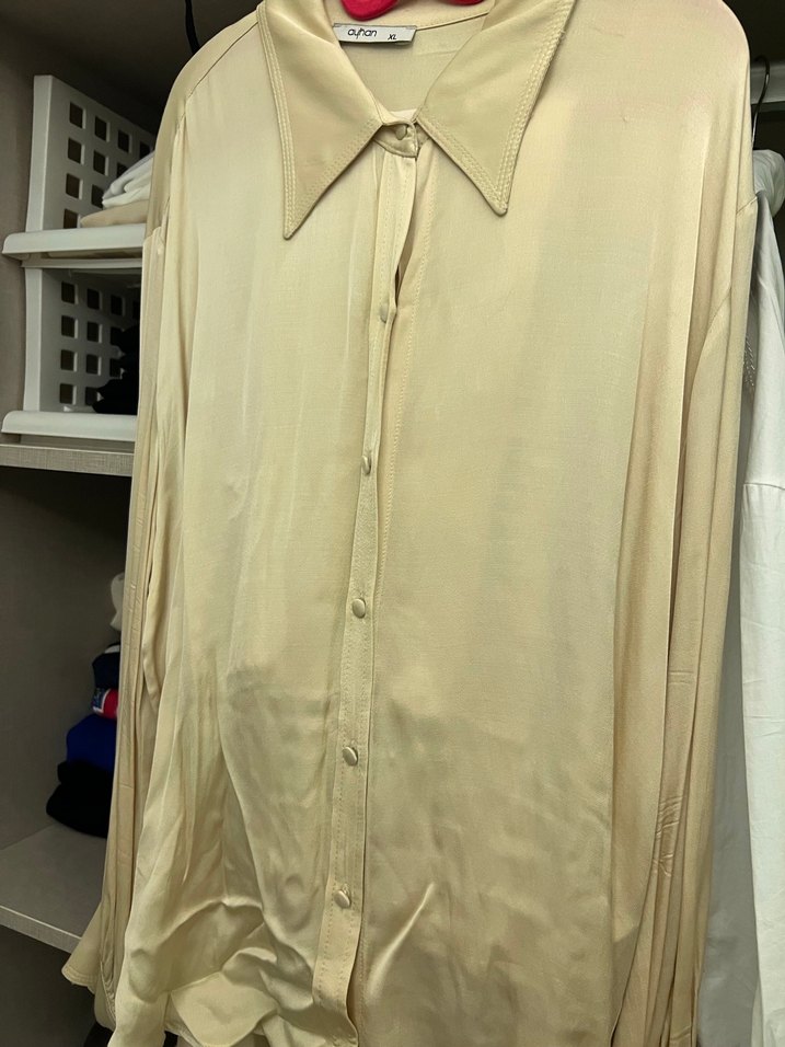 Bej Saten Düğmeli Kadın Gömlem - Görsel 2