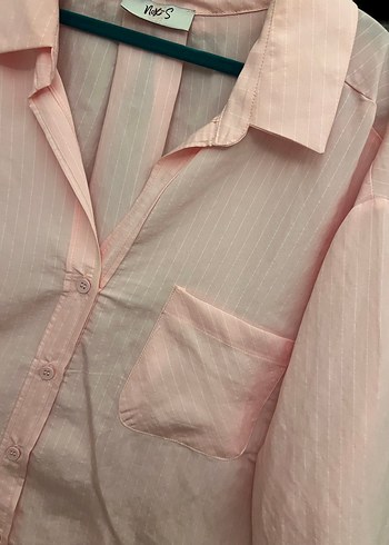 Pastel Pembe Düğmeli Keten Gömlek - Görsel 4