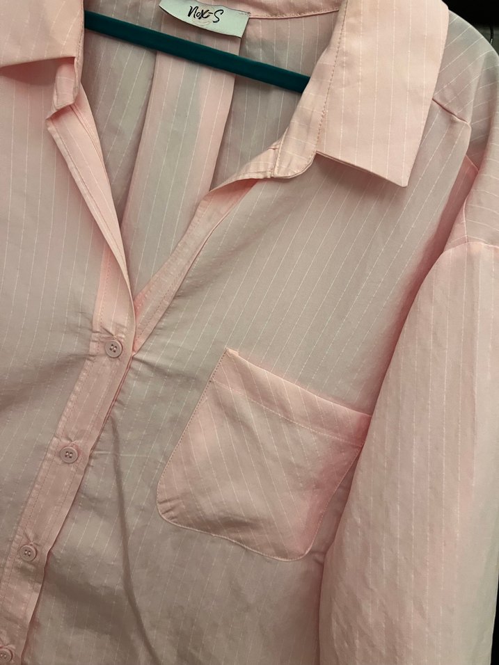 Pastel Pembe Düğmeli Keten Gömlek - Görsel 4