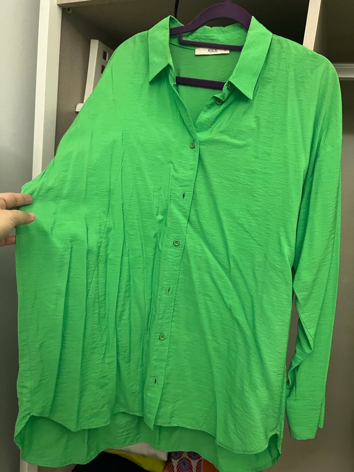 Düğmeli Yeşil Salaş Keten Gömlek - Görsel 4