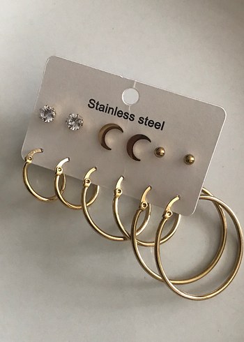 Gold Tektaş Topcuklu Hilal Halka Set