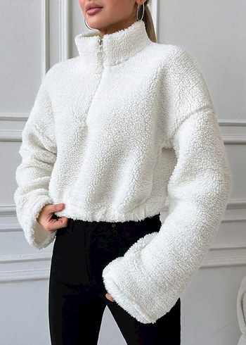 Kadın Beyaz Peluş Fermuarlı Sweatshirt