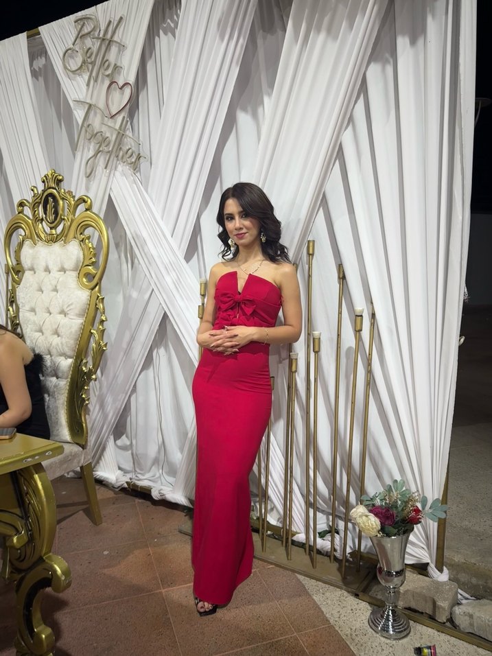 Uzun Drapeli Kırmızı Straplez Abiye Elbise - Görsel 2