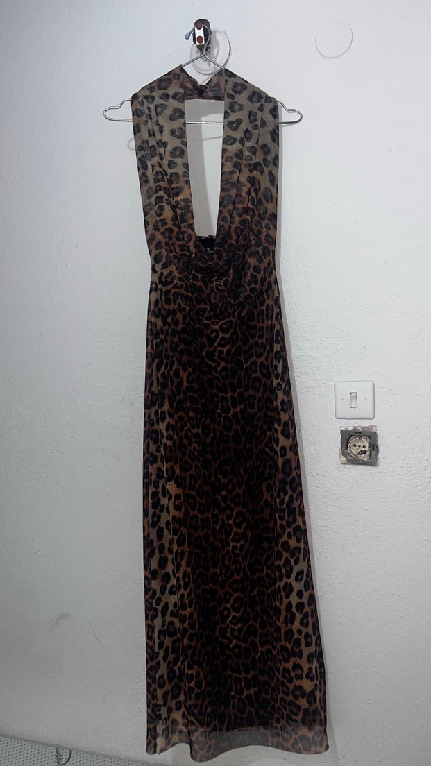 Leopar Desenli Uzun V Yaka Elbise - Görsel 2
