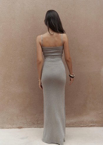 Kadın Gri  V Yaka Uzun Elbise - Görsel 8