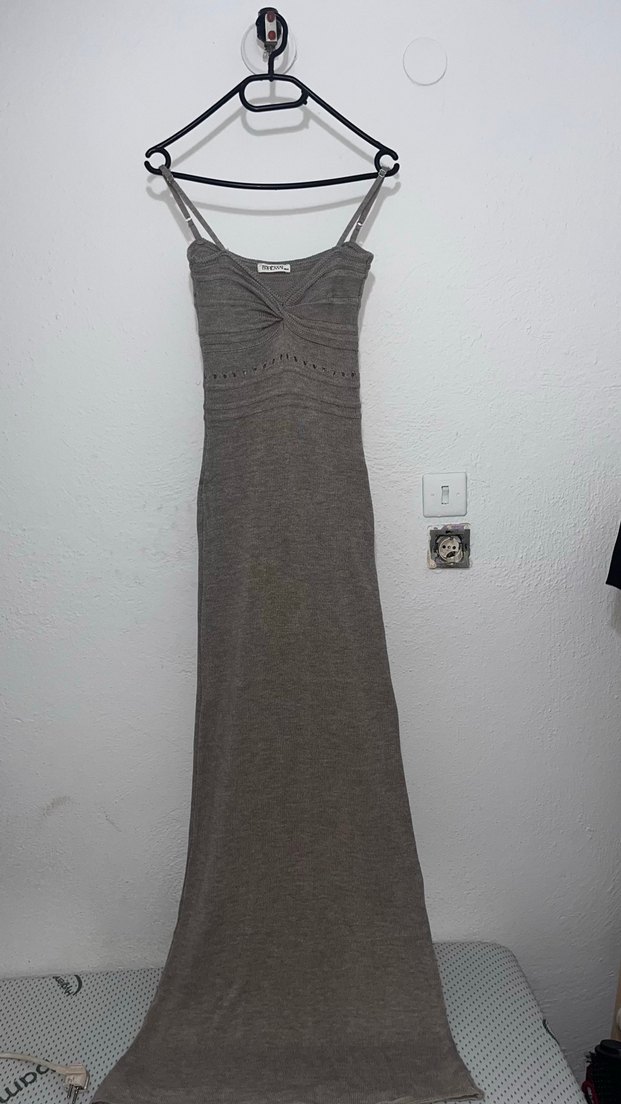 Kadın Gri  V Yaka Uzun Elbise - Görsel 3