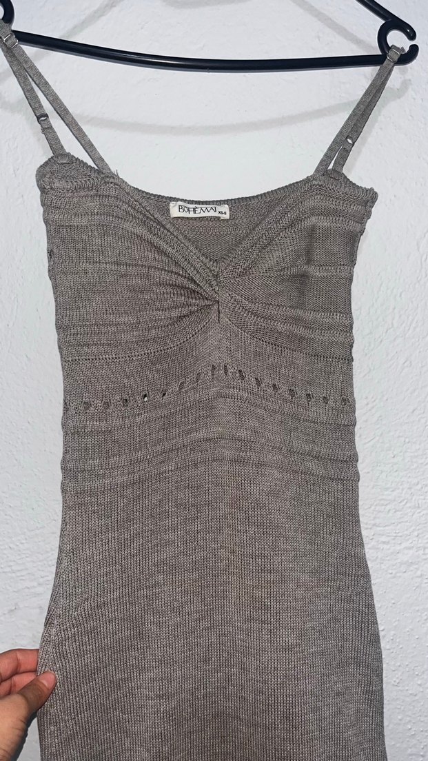 Kadın Gri  V Yaka Uzun Elbise - Görsel 4