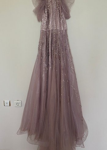 Pembe Straplez İşlemeli Uzun Abiye Elbise - Görsel 5