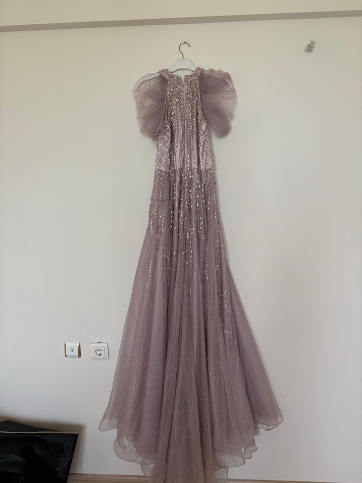 Pembe Straplez İşlemeli Uzun Abiye Elbise - Görsel 4