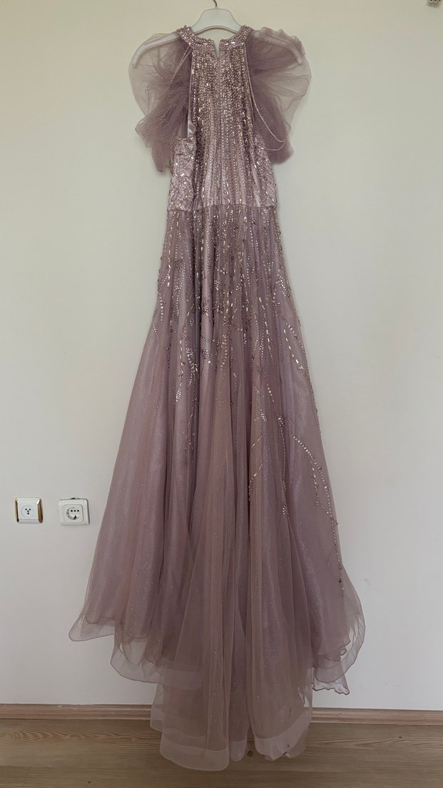 Pembe Straplez İşlemeli Uzun Abiye Elbise - Görsel 5