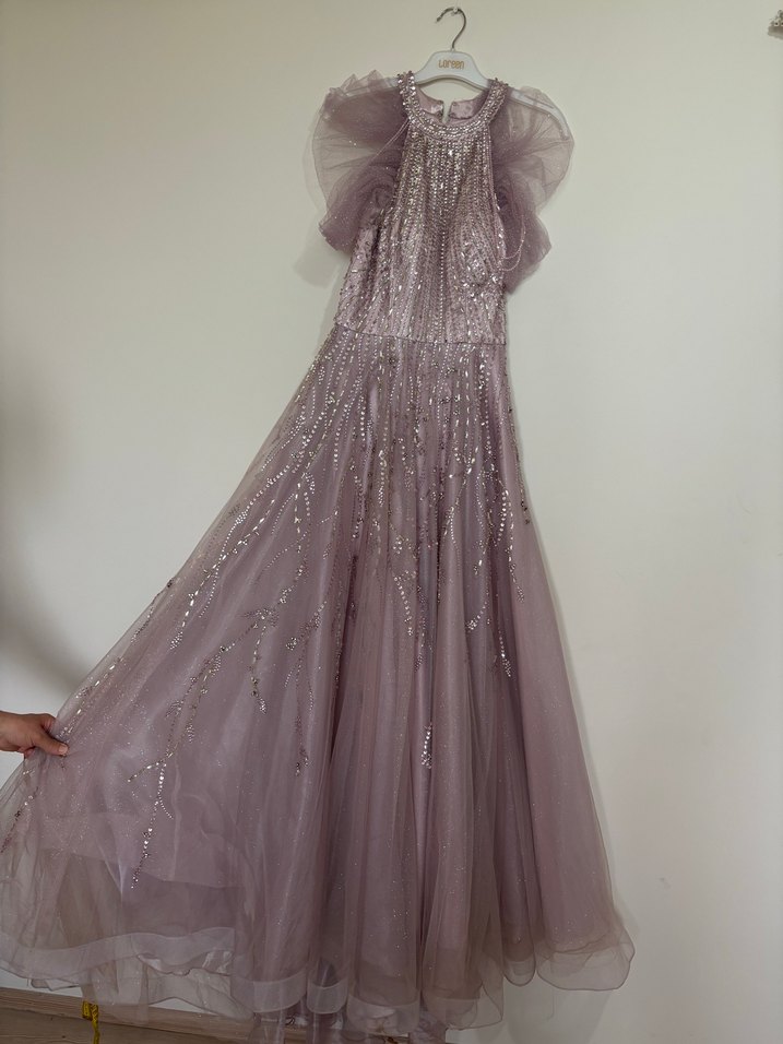 Pembe Straplez İşlemeli Uzun Abiye Elbise - Görsel 2