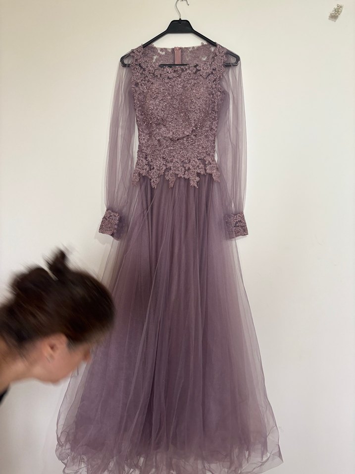 Dantel Detaylı Uzun Kollu Mor Gotik Abiye Elbise - Görsel 4
