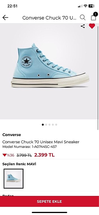 Converse Chuck 70 Unisex mavi sneaker - Görsel 2