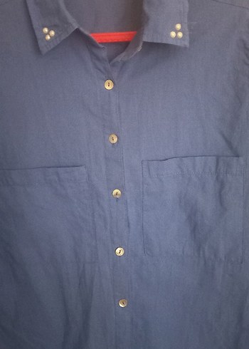 Düğmeli Mavi Keten Kadın Gömlek - Görsel 2