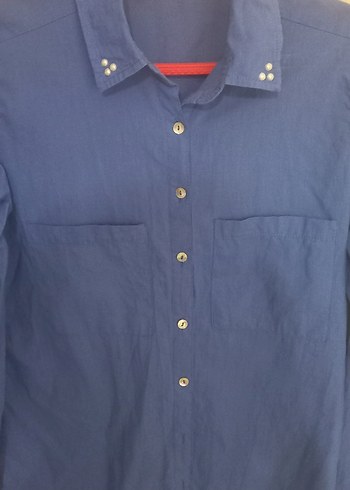 Düğmeli Mavi Keten Kadın Gömlek - Görsel 4